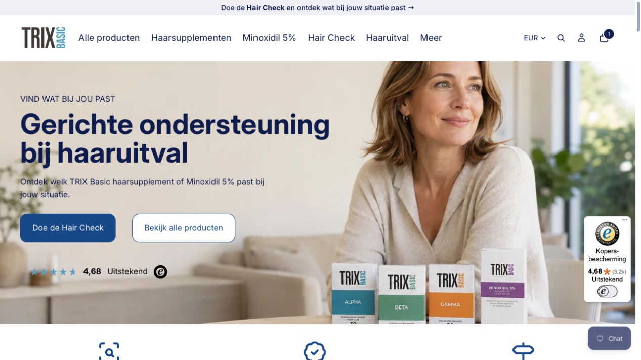 TRIX Basic Dutch webshop showing its brand, products and Hair Check action